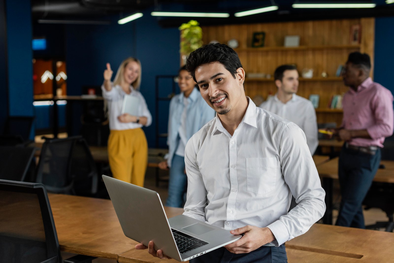 man stand behind office